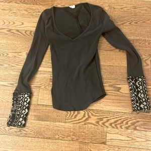 We The Free shirt V neck Waffle long Sleeve black top with decorative arm